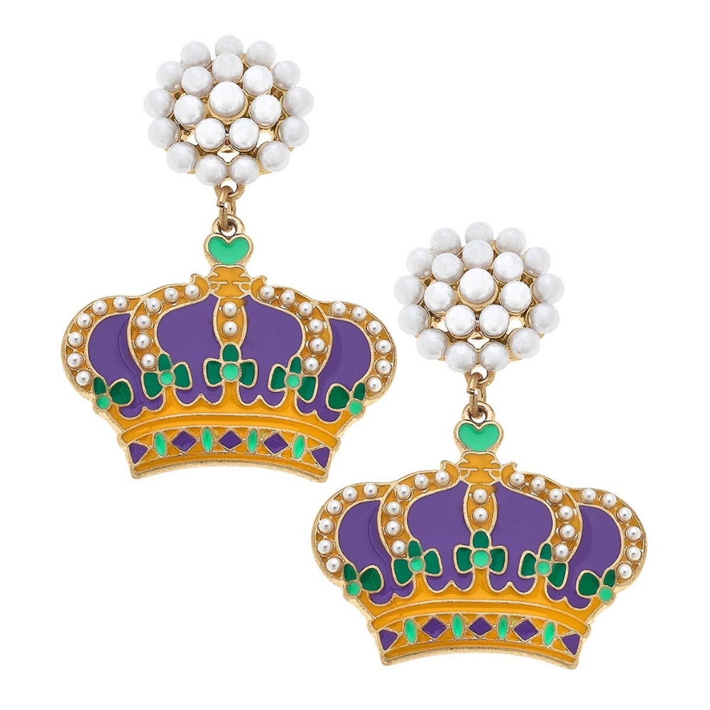 Mardi Gras Purple Gold Crown Enamel Earrings Pearl Stud